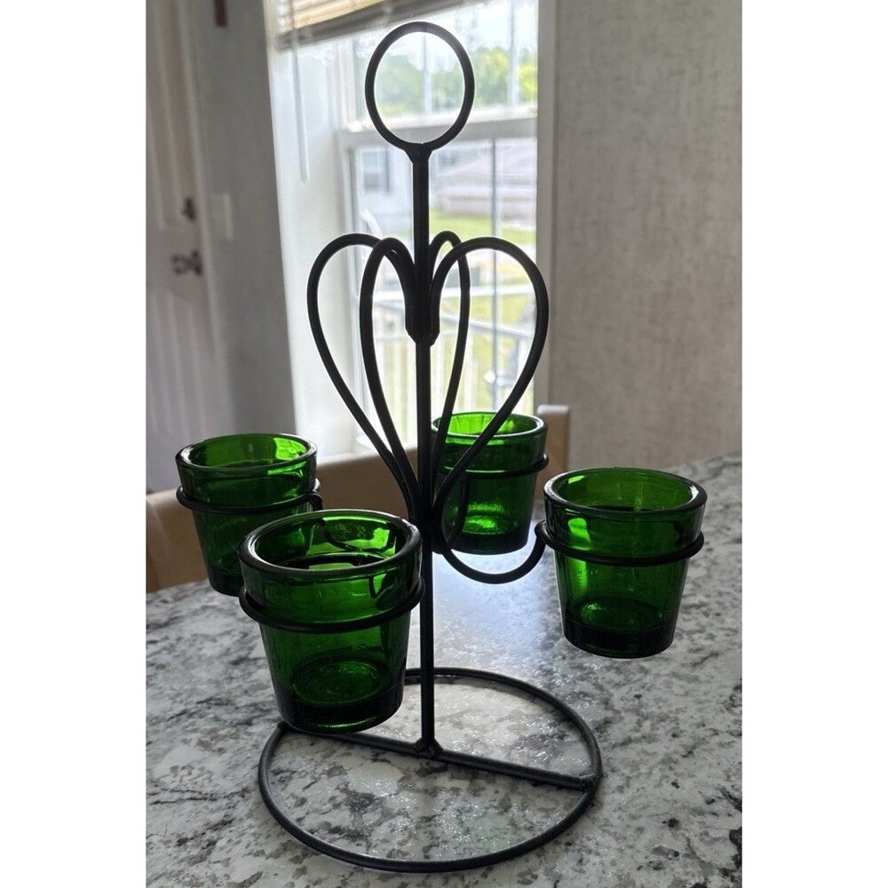 Vtg.Cast Iron Heart Mosser Green Glass Votive/Planters Candelabra Made In USA